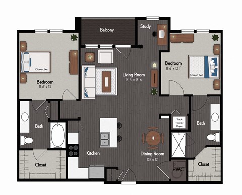 Floor plan for 2 beds, 2 baths, 1177 sqft